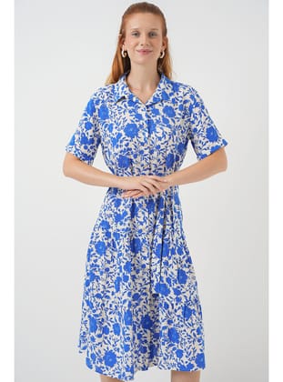 Kadın Kısa Kol Desenli Elbise 2560 - Saks SAKS