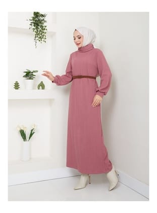 Kadın Kemerli Balıkçı Yaka Elbise PUDRA