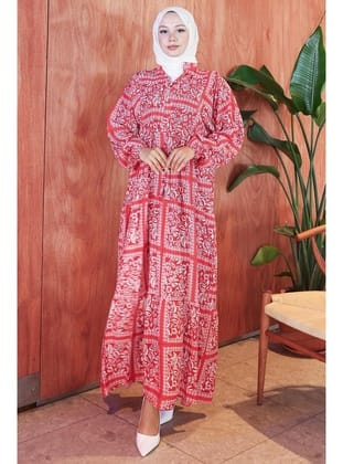 Etnik Desenli Modal Elbise Kırmızı HM2799