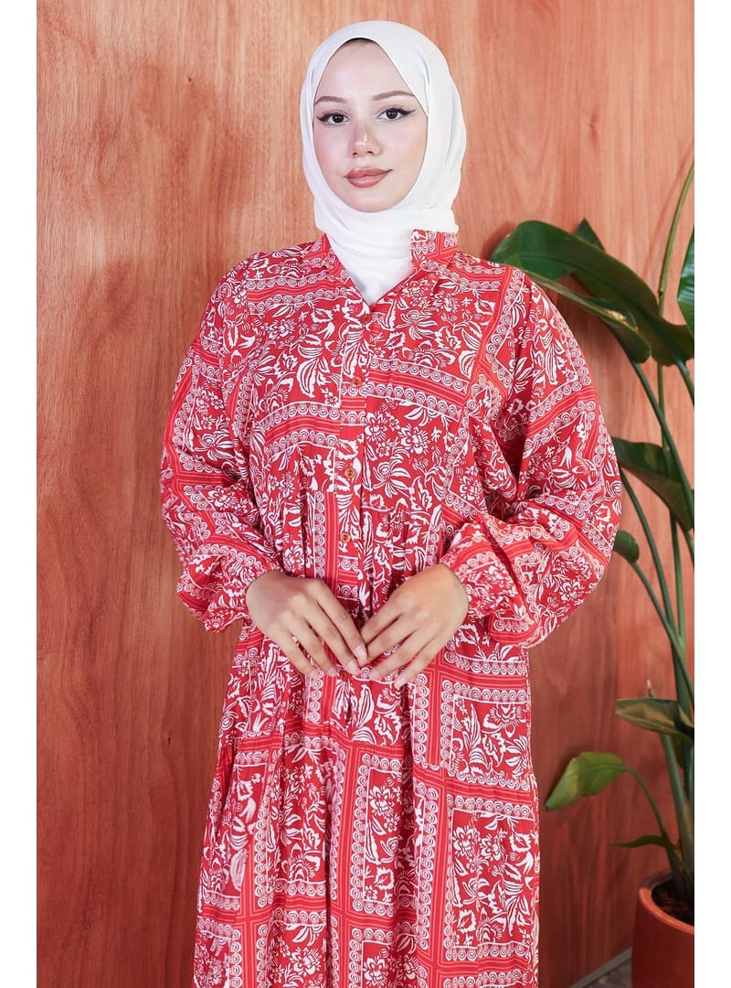 Etnik Desenli Modal Elbise Kırmızı HM2799 - Resim 2