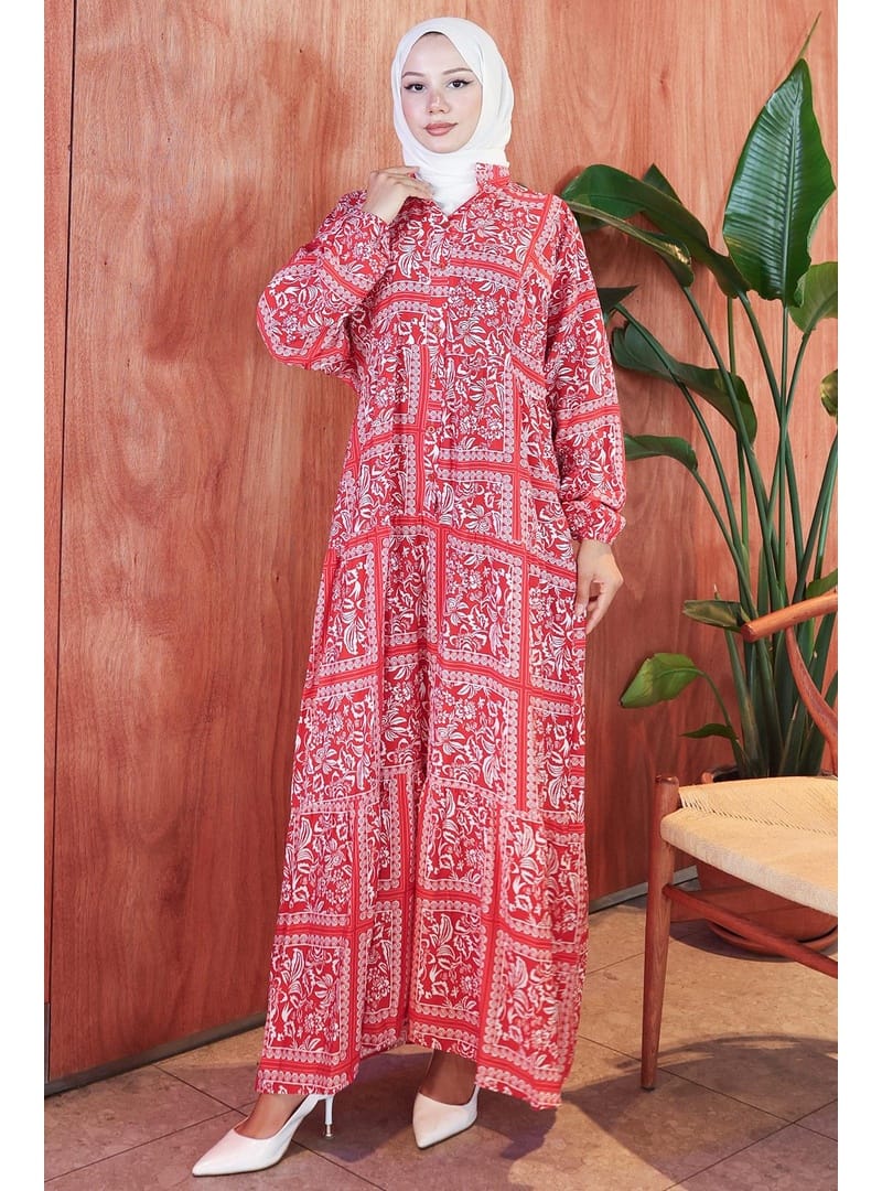 Etnik Desenli Modal Elbise Kırmızı HM2799 - Resim 4
