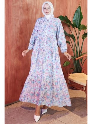 Çiçek Desenli Modal Elbise Mavi HM2797