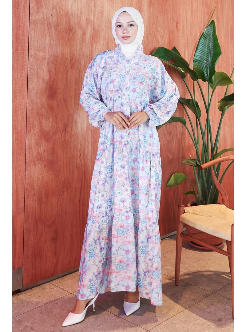 Çiçek Desenli Modal Elbise Mavi HM2797 - Resim 3