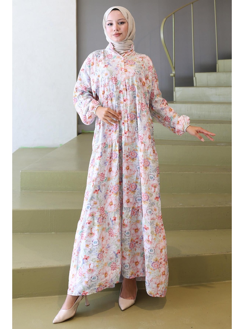 Çiçek Desenli Modal Elbise Pembe HM2797 - Resim 4