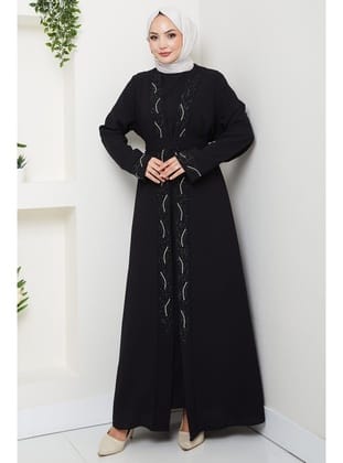 Kuşaklı Taş Detaylı Abaya Siyah HM2803