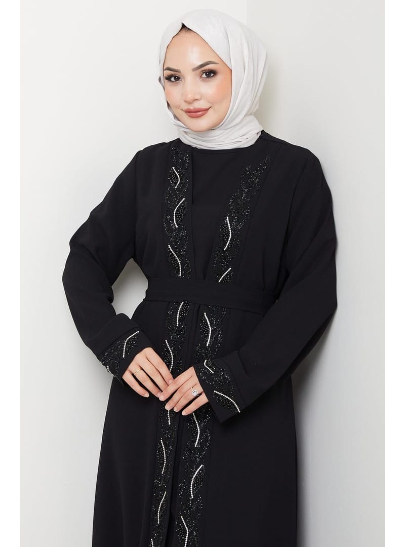 Kuşaklı Taş Detaylı Abaya Siyah HM2803 - Resim 2