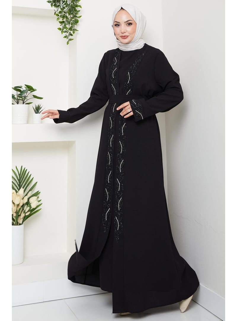 Kuşaklı Taş Detaylı Abaya Siyah HM2803 - Resim 3