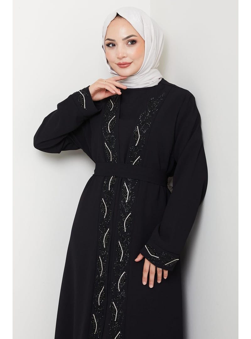 Kuşaklı Taş Detaylı Abaya Siyah HM2803 - Resim 4
