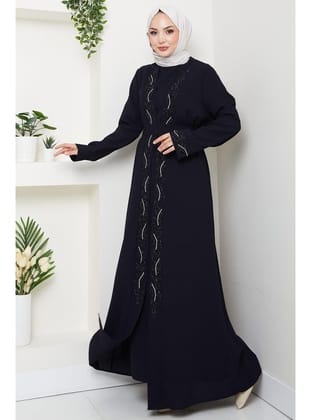 Kuşaklı Taş Detaylı Abaya Lacivert HM2803