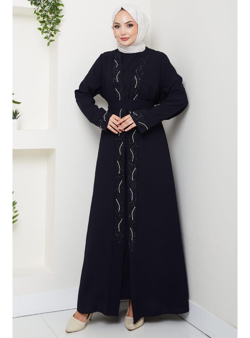 Kuşaklı Taş Detaylı Abaya Lacivert HM2803 - Resim 2
