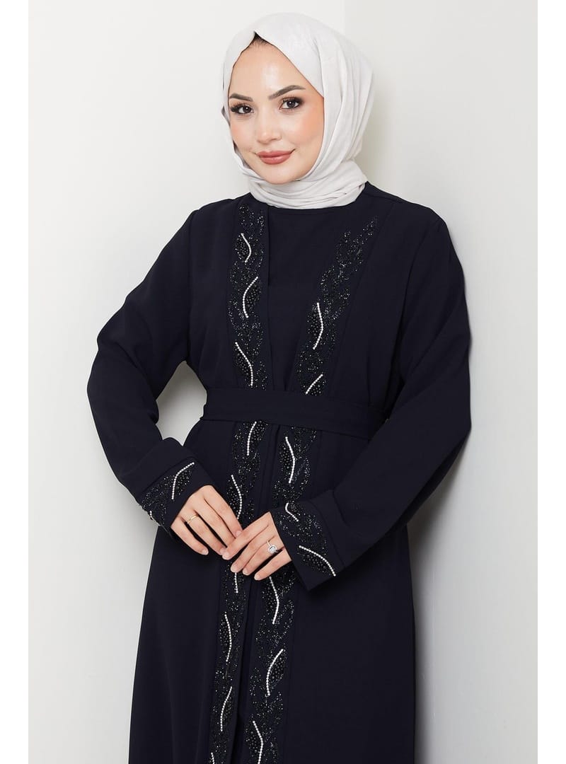 Kuşaklı Taş Detaylı Abaya Lacivert HM2803 - Resim 3