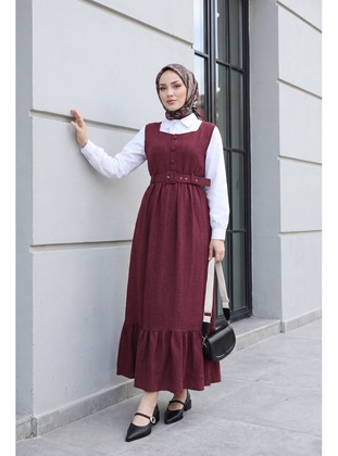 Top Düğmeli Altı Fırfırlı Beli Kemerli  Jile Elbise -Bordo
