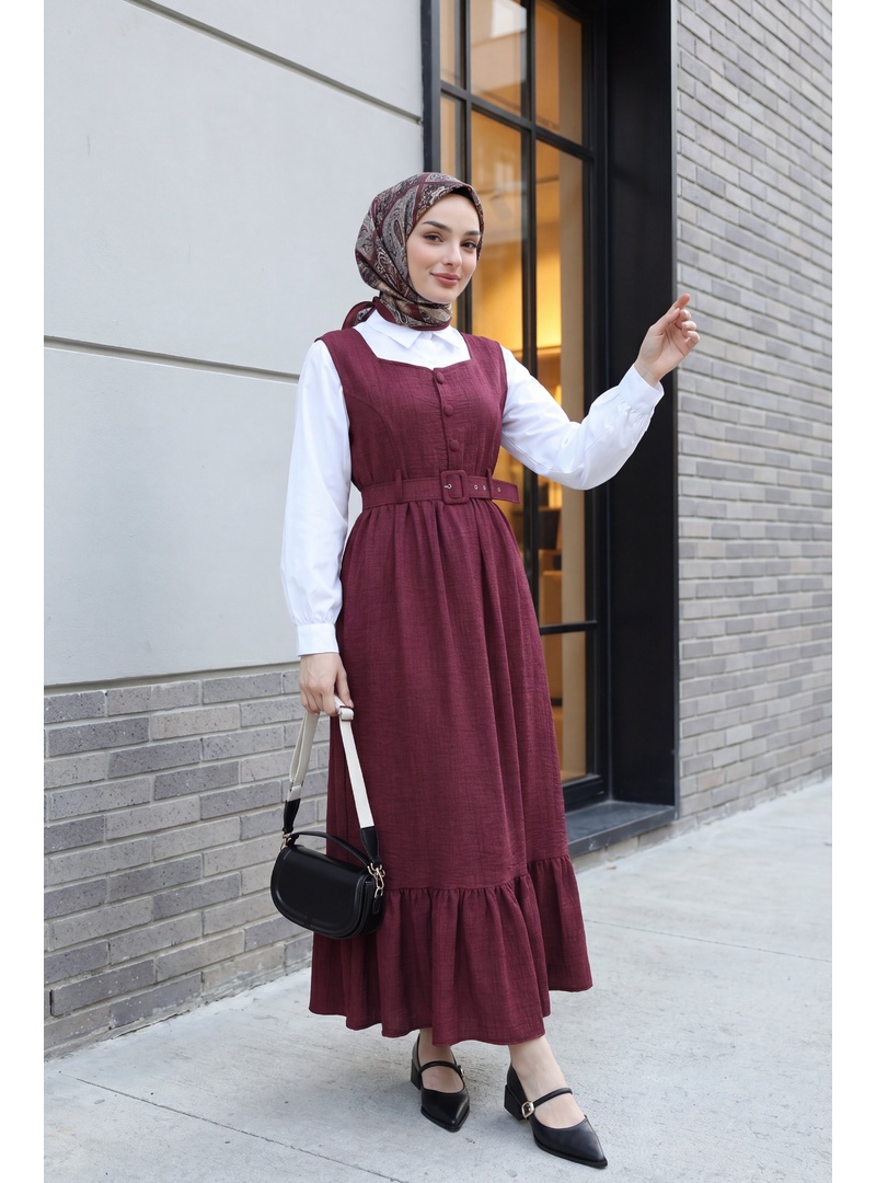 Top Düğmeli Altı Fırfırlı Beli Kemerli  Jile Elbise -Bordo - Resim 2