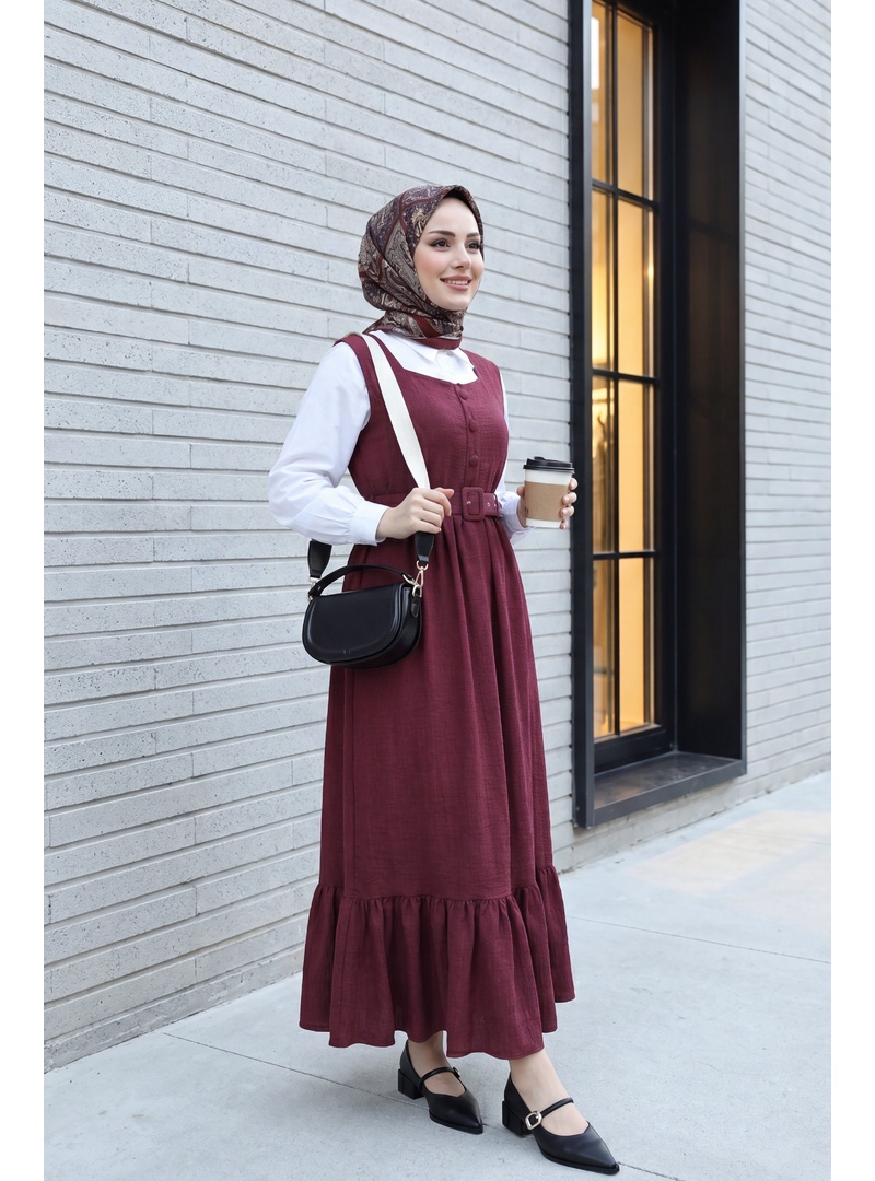 Top Düğmeli Altı Fırfırlı Beli Kemerli  Jile Elbise -Bordo - Resim 3