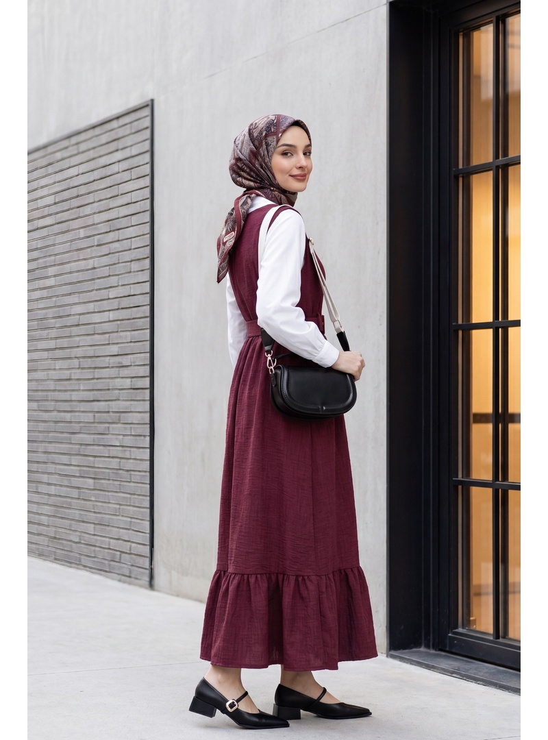 Top Düğmeli Altı Fırfırlı Beli Kemerli  Jile Elbise -Bordo - Resim 4