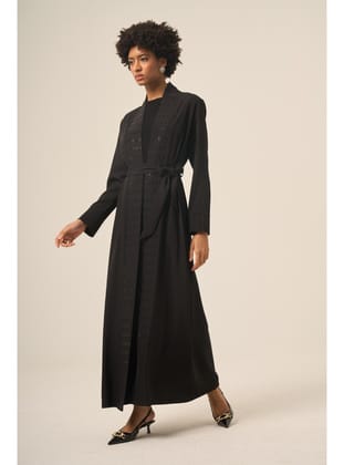 Si̇yah İki̇ Parça Kare Taşlı Seyyar Kemerli̇ Abaya - 6508-25 Siyah Siyah