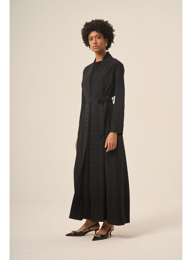 Si̇yah İki̇ Parça Kare Taşlı Seyyar Kemerli̇ Abaya - 6508-25 Siyah Siyah - Resim 2