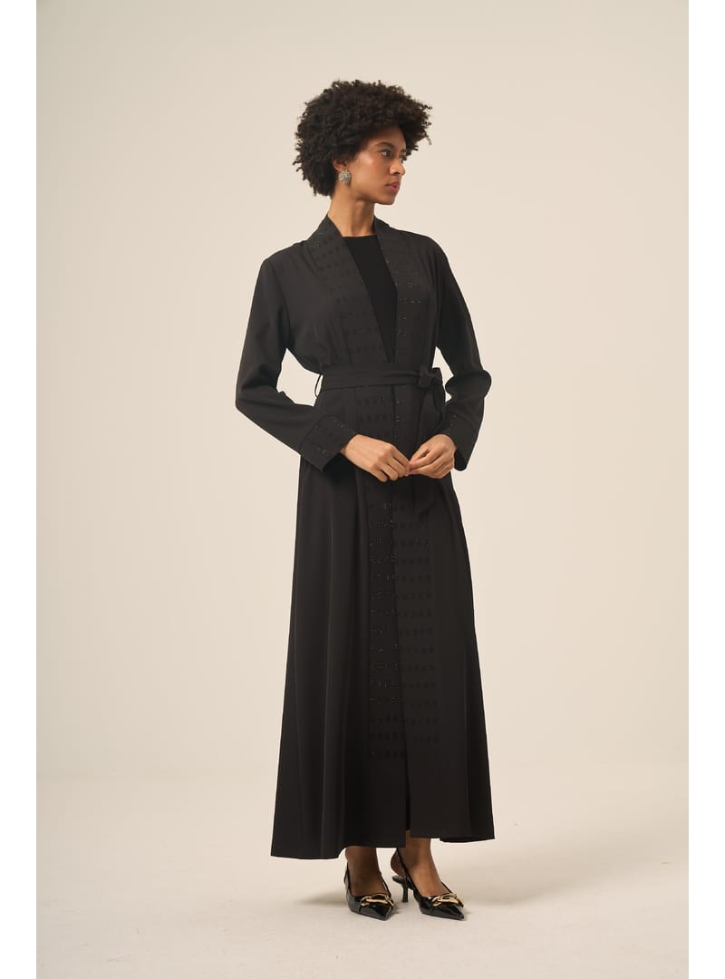 Si̇yah İki̇ Parça Kare Taşlı Seyyar Kemerli̇ Abaya - 6508-25 Siyah Siyah - Resim 4