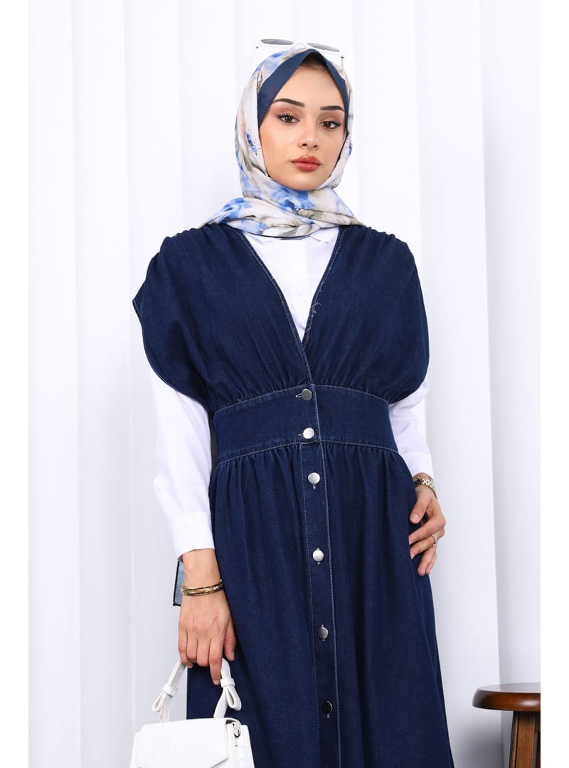 Lacivert Kruvaze Yaka Düğmeli Kot Elbise - Resim 3