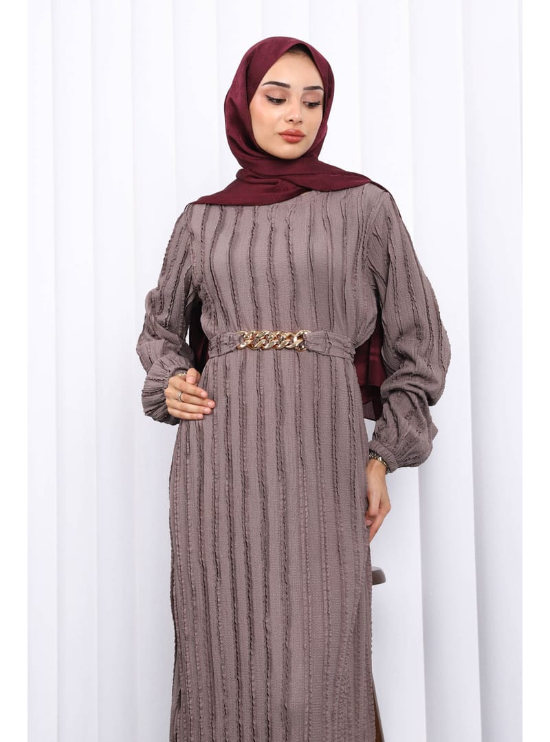 Gri Beli Kemerli Fırfır Detaylı Gofre Elbise - Resim 3