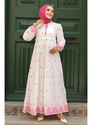 - Çiçek Desenli Pembe Tesettür Elbise 1381P