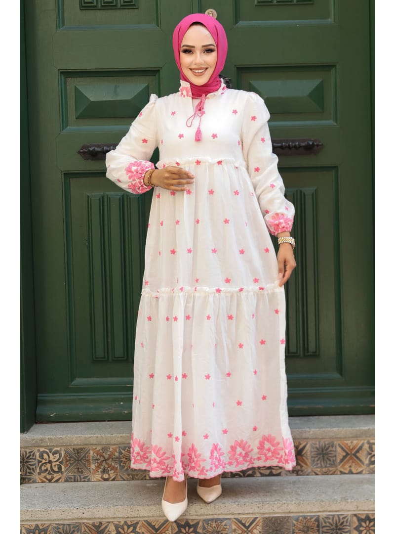 - Çiçek Desenli Pembe Tesettür Elbise 1381P - Resim 2