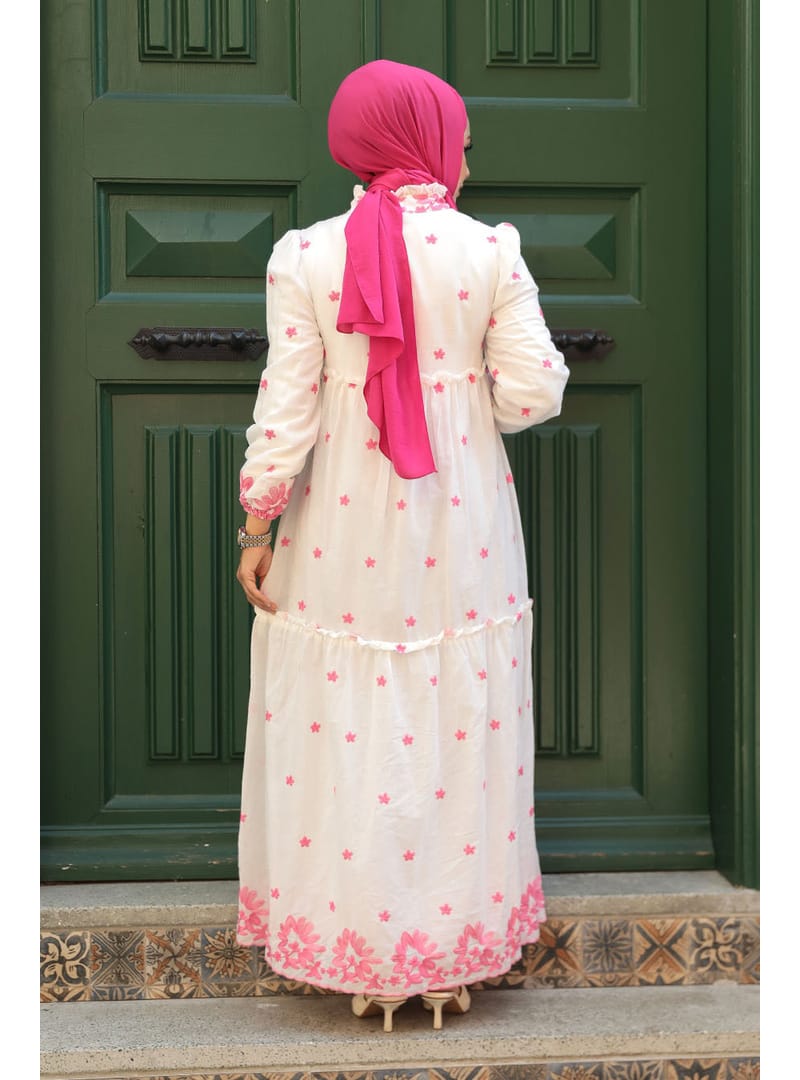 - Çiçek Desenli Pembe Tesettür Elbise 1381P - Resim 3