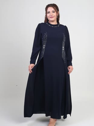 Kadın Taş-Boncuk Baskılı Büyük Beden Tesettür Uzun Elbise - Lacivert - By Saygı
