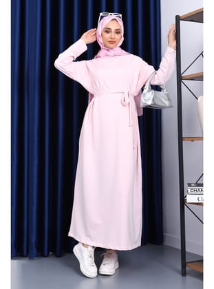 Toz Pembe Bisiklet Yaka Bel Kuşaklı Elbise