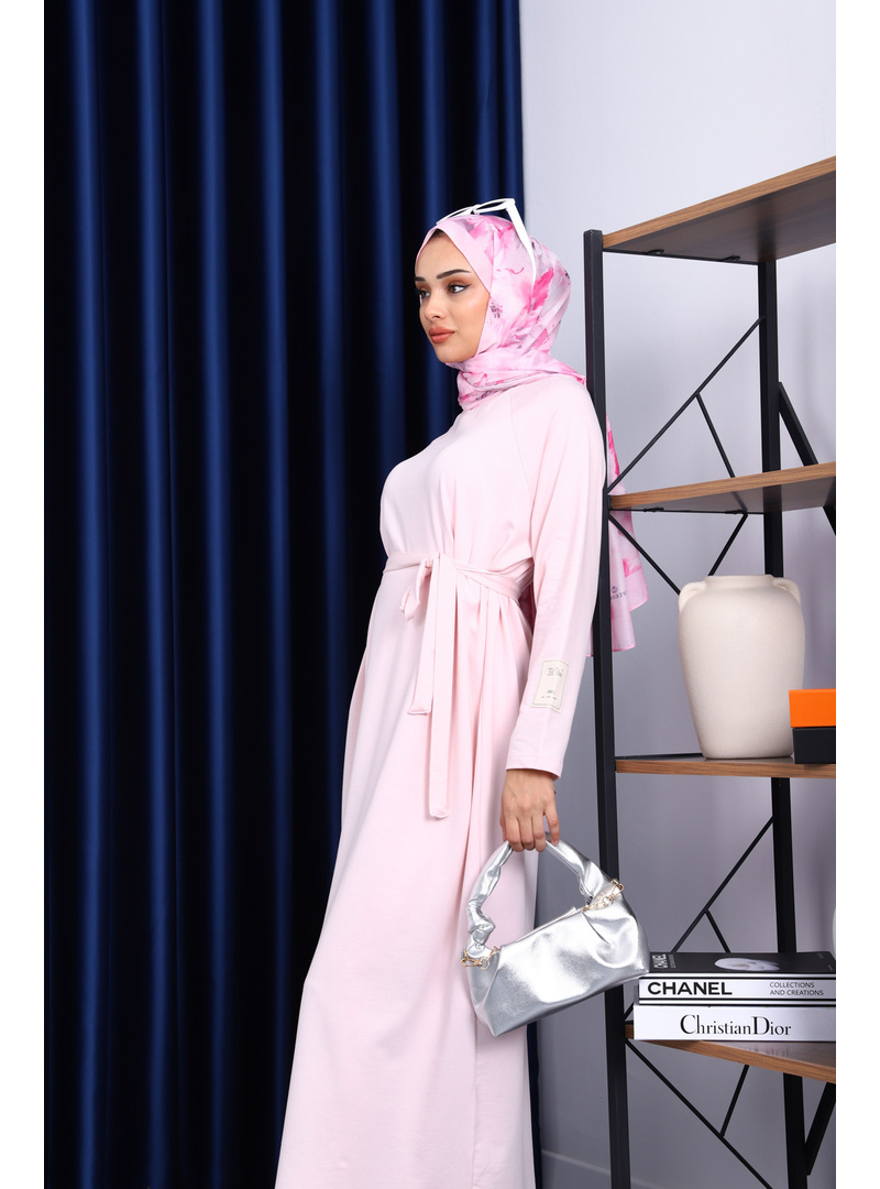 Toz Pembe Bisiklet Yaka Bel Kuşaklı Elbise - Resim 3