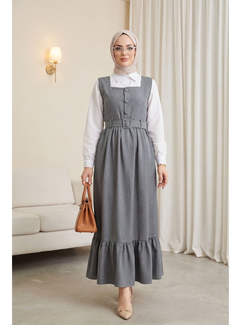 Top Düğmeli Altı Fırfırlı Beli Kemerli  Jile Elbise  -Füme - Resim 3