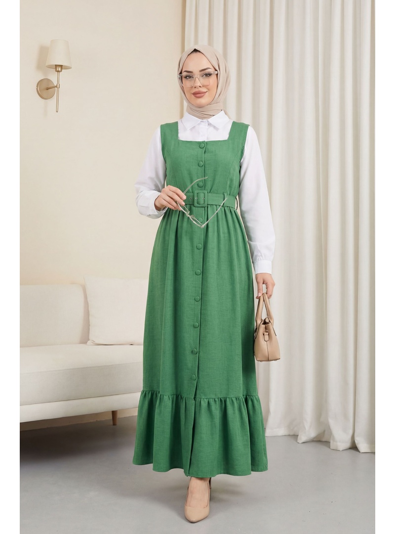 Top Düğmeli Altı Fırfırlı Beli Kemerli  Jile Elbise  -Yeşil - Resim 4
