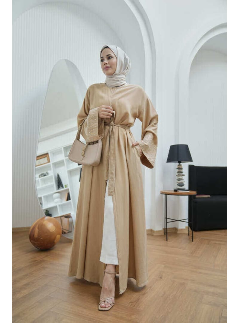 6642-Parça Boya Tensel Abaya Bej - Resim 3