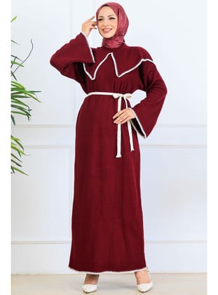 Yaka Detaylı Triko Elbise K3036 Bordo