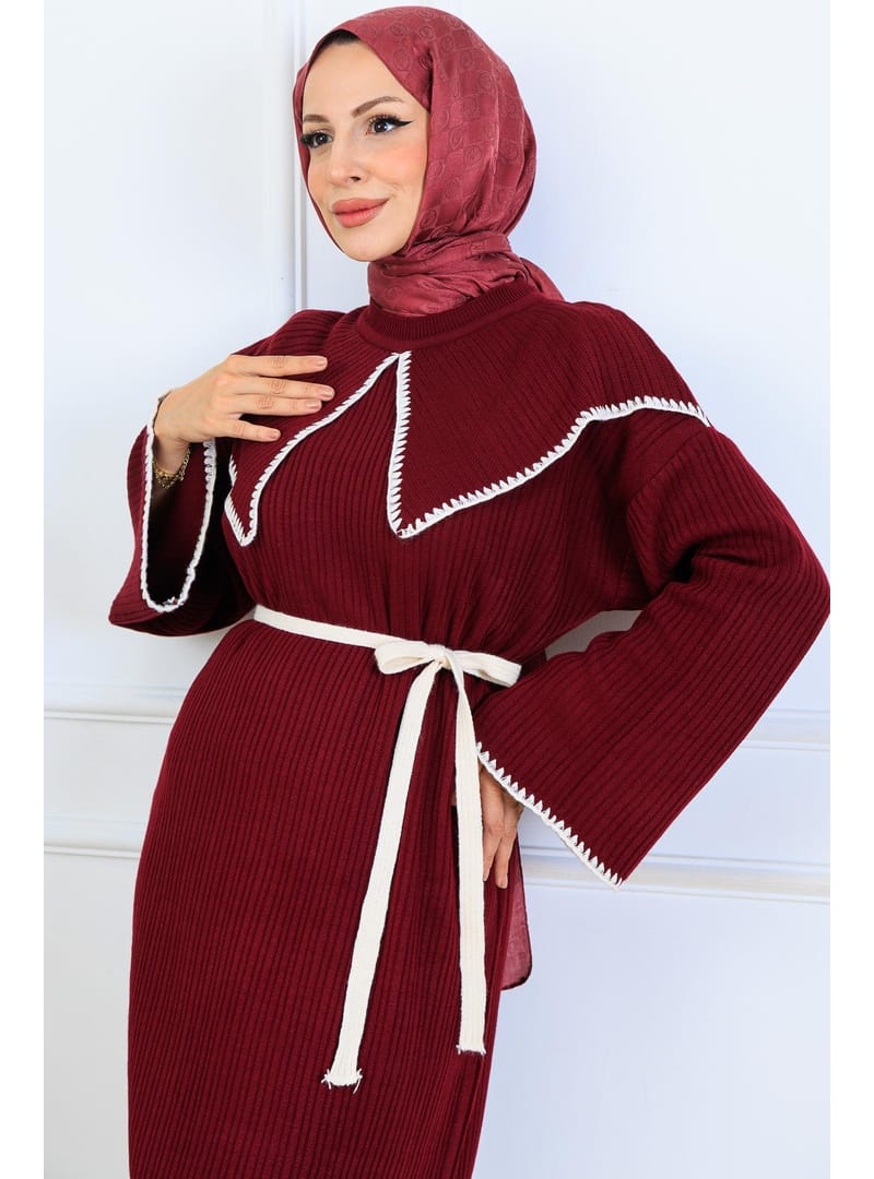 Yaka Detaylı Triko Elbise K3036 Bordo - Resim 2