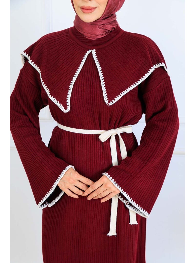 Yaka Detaylı Triko Elbise K3036 Bordo - Resim 3