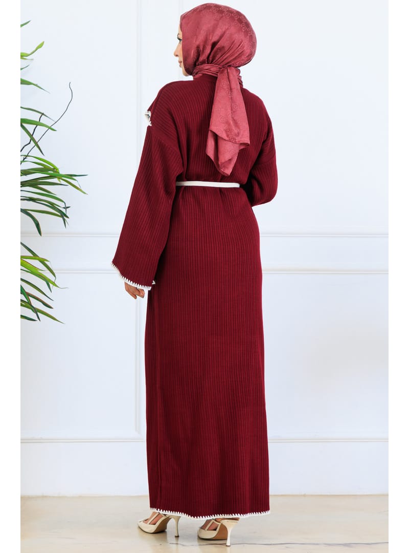 Yaka Detaylı Triko Elbise K3036 Bordo - Resim 4