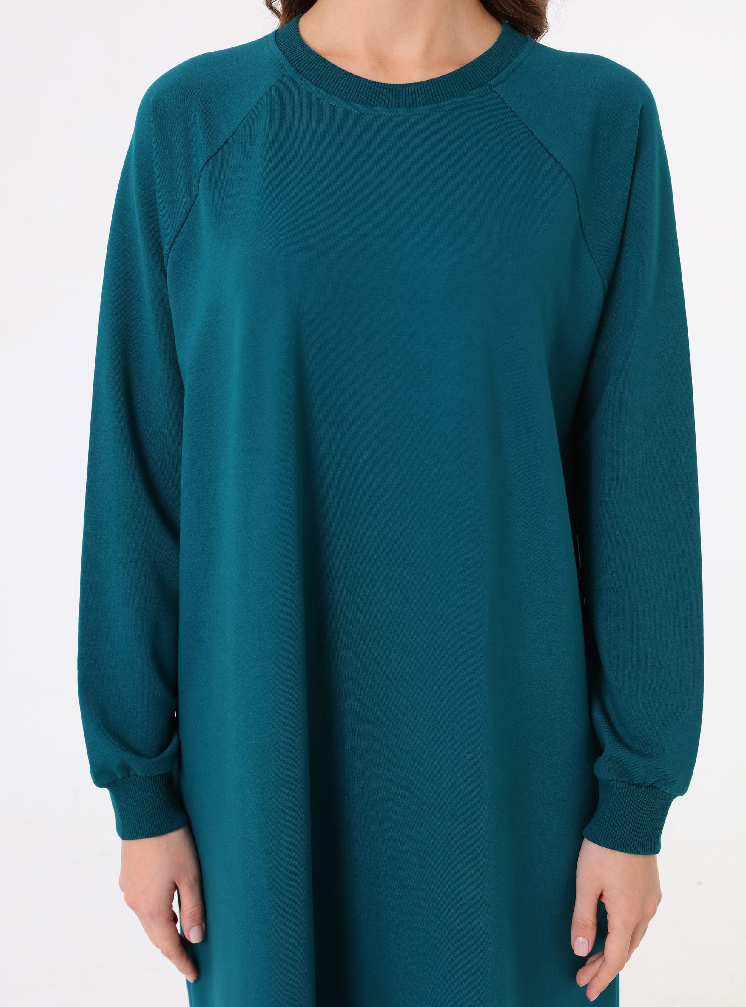Reglan Kollu Bisiklet Yaka Tesettür Elbise - Koyu Zümrüt - Benin - Resim 3
