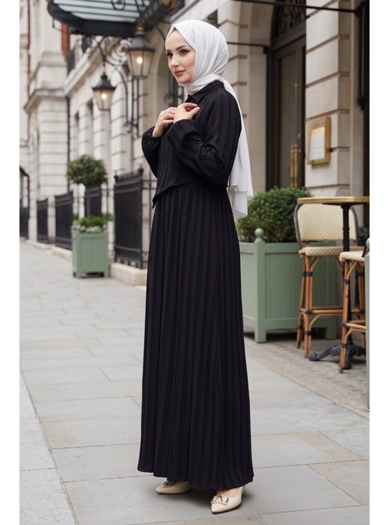Çapraz Bağlamalı Bürümcük Elbise 1617 - Siyah - Resim 4