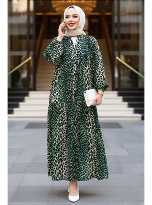 Leopar Desenli Yeşil Tesettür Elbise 52942Y