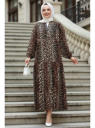 Leopar Desenli Tesettür Elbise 52942LP