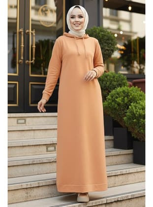 Kapşonlu Camel Tesettür Elbise 50421C