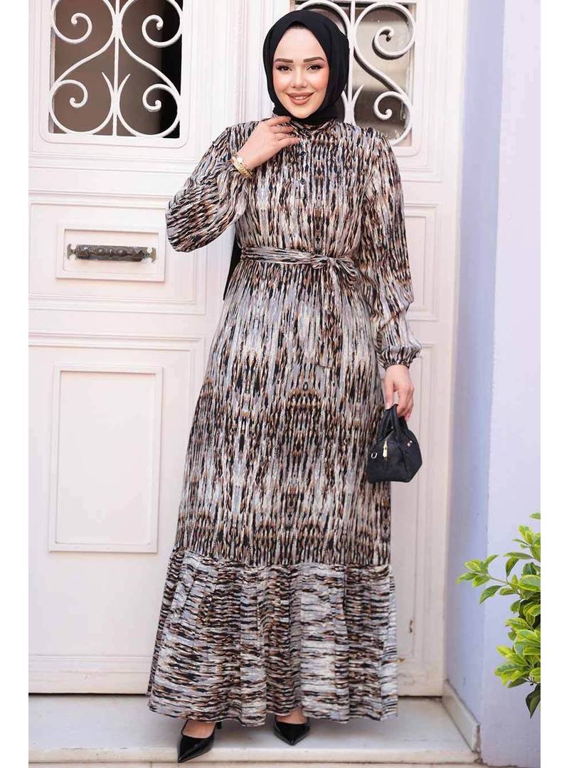 Desenli Gri Tesettür Elbise 52721GR - Resim 4