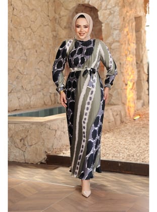 Pileli Desenli Haki Tesettür Elbise 23503HK