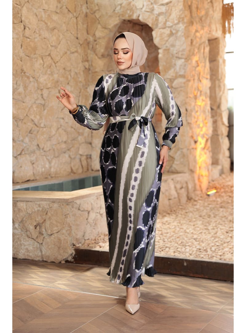 Pileli Desenli Haki Tesettür Elbise 23503HK - Resim 3