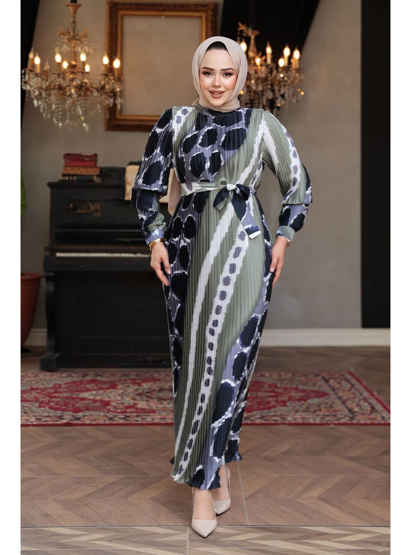 Pileli Desenli Haki Tesettür Elbise 23503HK - Resim 4
