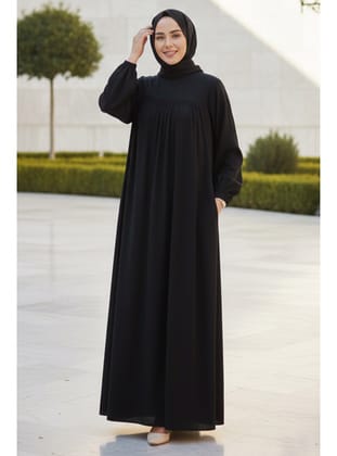 Kemerli Siyah Tesettür Elbise 23841S