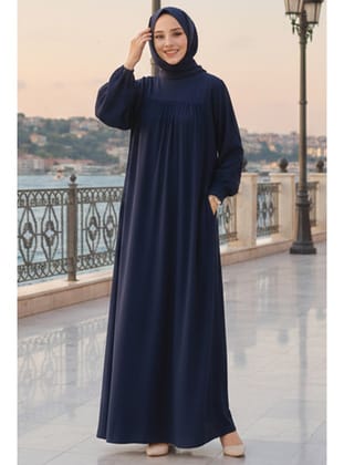 Kemerli Lacivert Tesettür Elbise 23841L
