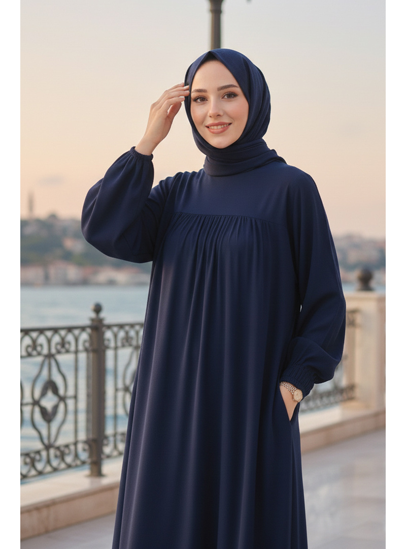 Kemerli Lacivert Tesettür Elbise 23841L - Resim 2