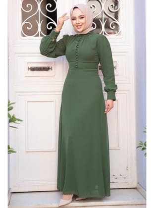 - Düğme Detaylı Haki Tesettür Elbise 2703HK